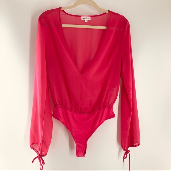 Superdown Celene Sheer Hot Pink Deep V-Neck Bodysuit Wrist Ties Dopamine Look - Picture 11 of 15